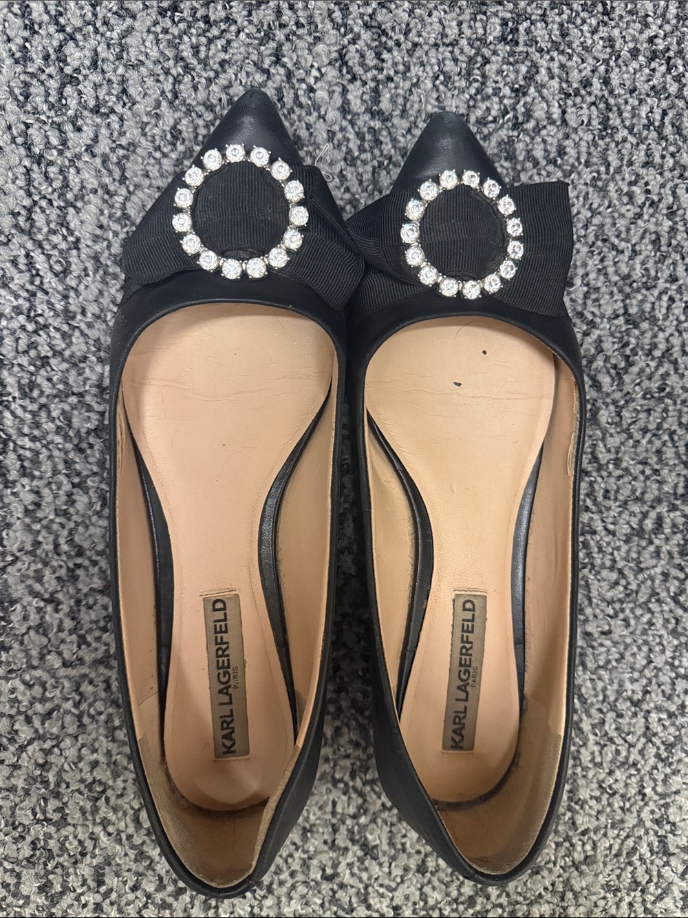 Karl Lagerfeld Black Pointed Bow Flats with Crystal Ring
